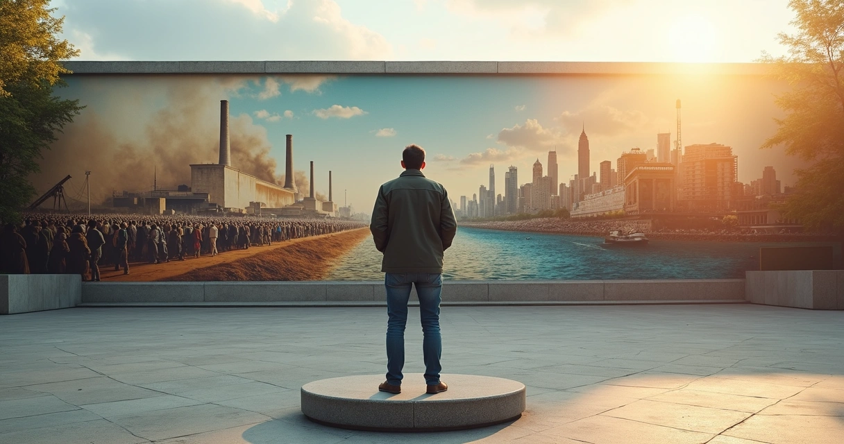 Persona reflexionando frente a mural con escenas históricas y ciudad moderna 