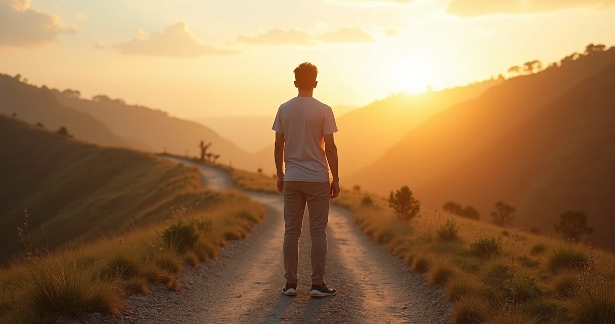 Persona de pie frente a bifurcación de caminos eligiendo conscientemente su ruta 