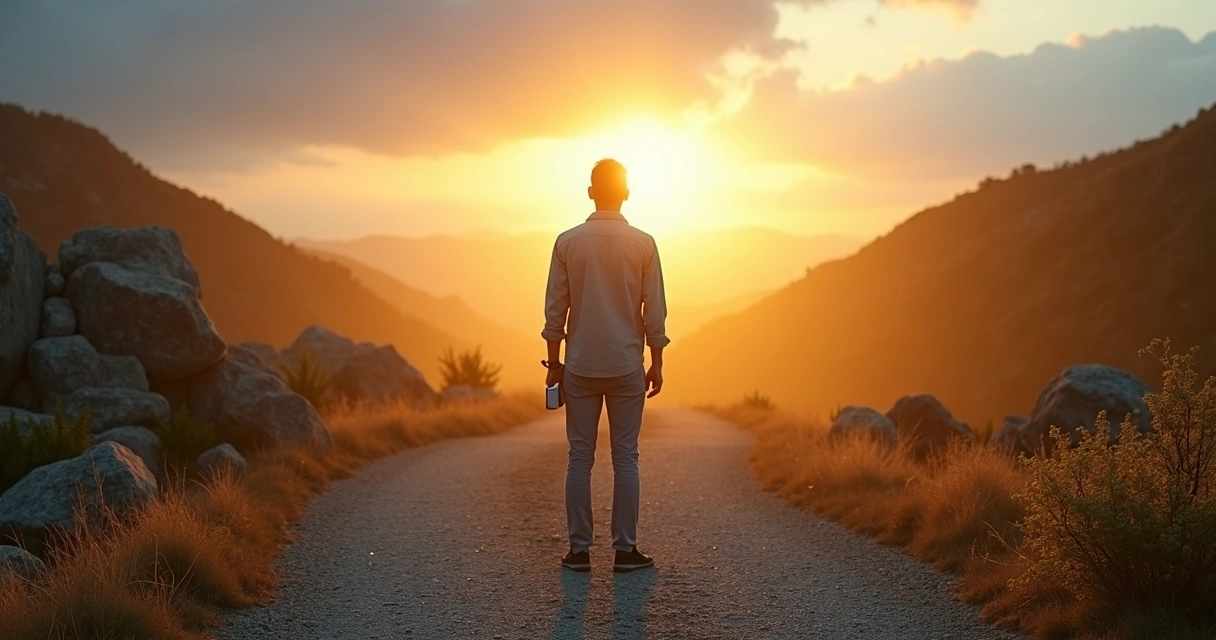 Persona reflexionando en una encrucijada con caminos de luz y sombras 