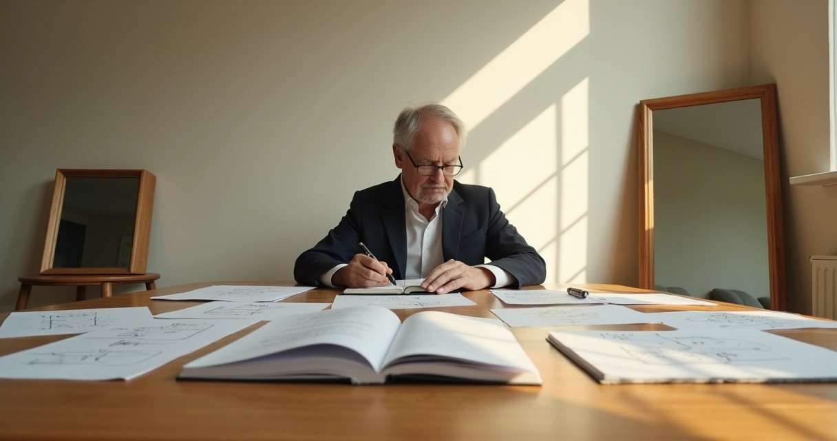 Persona adulta rodeada de espejos y cuadernos replanteando su responsabilidad personal 