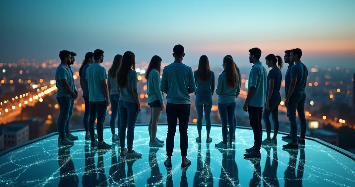 Personas conectadas por hilos de luz sobre una ciudad vista desde arriba 