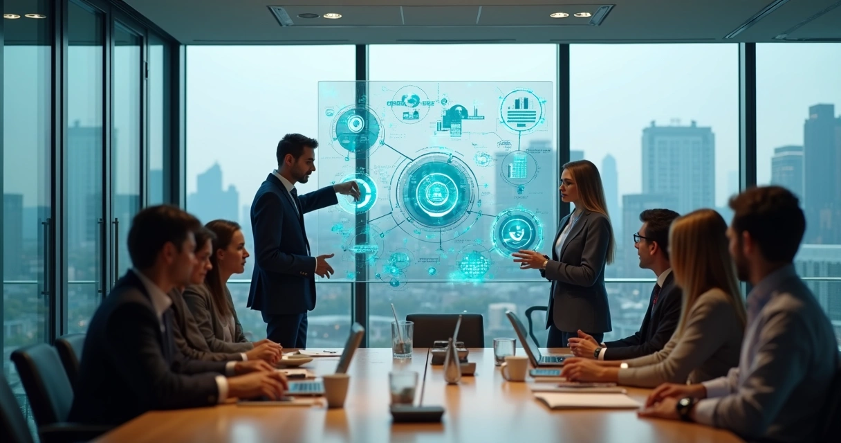 Equipo directivo observando un diagrama sistémico interconectado en una sala de reuniones moderna 