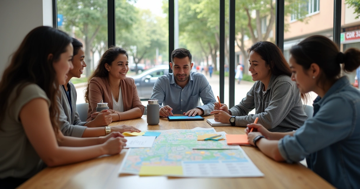 Personas diversas colaborando en un proyecto social urbano 