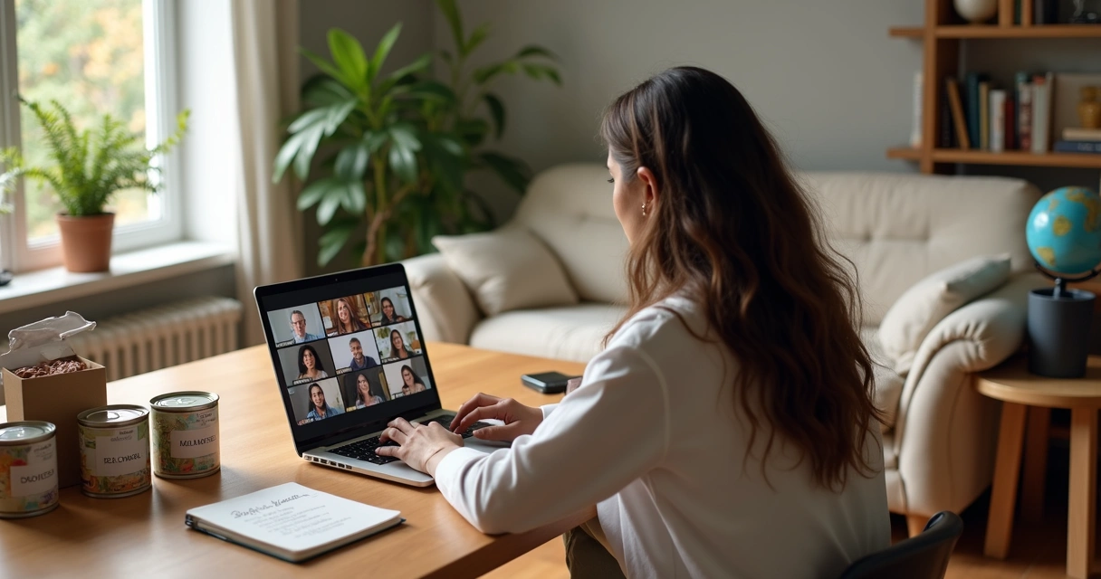 Persona en sala de estar ayudando a otros desde casa con computadora y gestos solidarios 