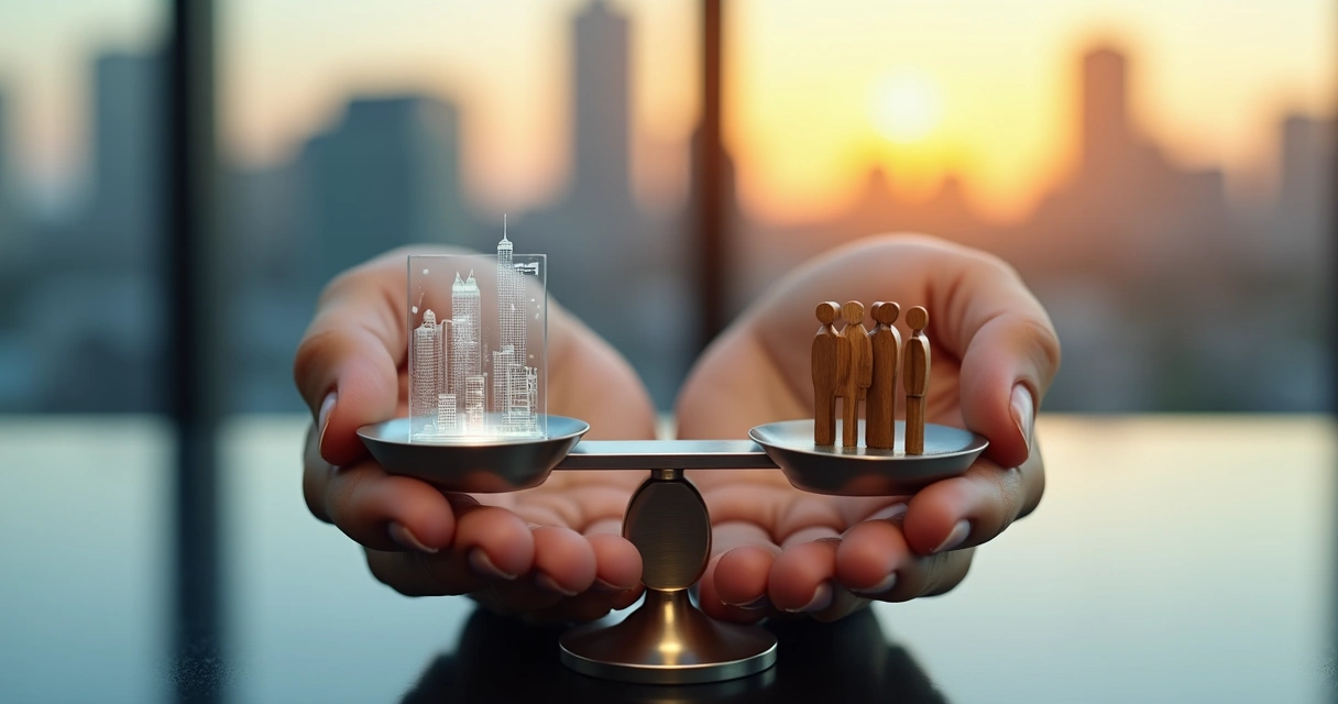 Manos sosteniendo una balanza que equilibra empresa y personas 