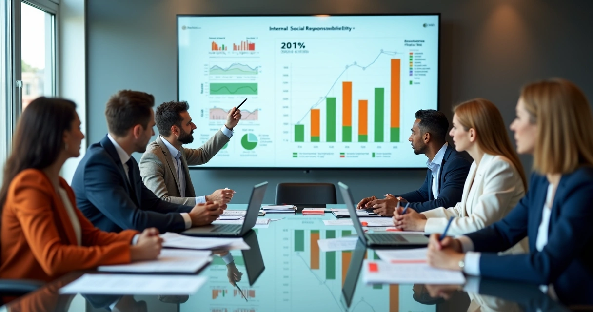 Equipo directivo observando indicadores de responsabilidad social interna en una oficina moderna 