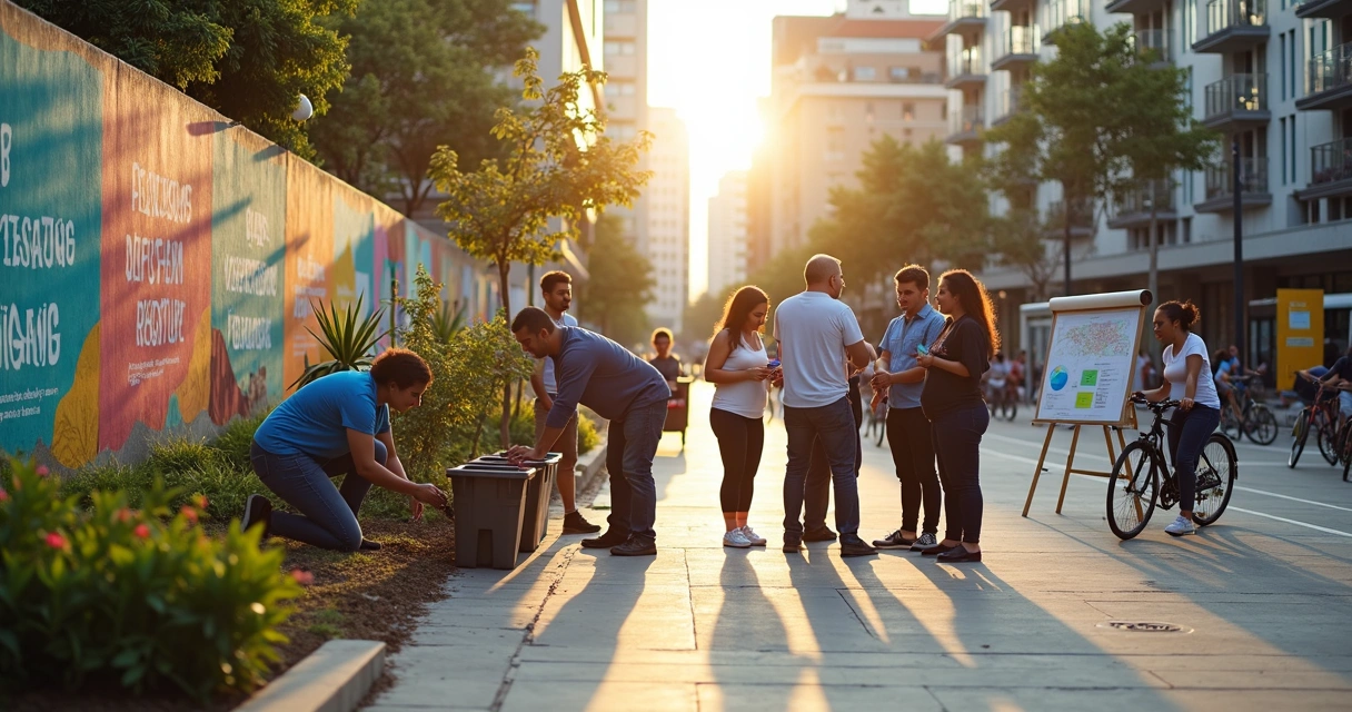 Personas colaborando en proyectos de responsabilidad social en una ciudad moderna 