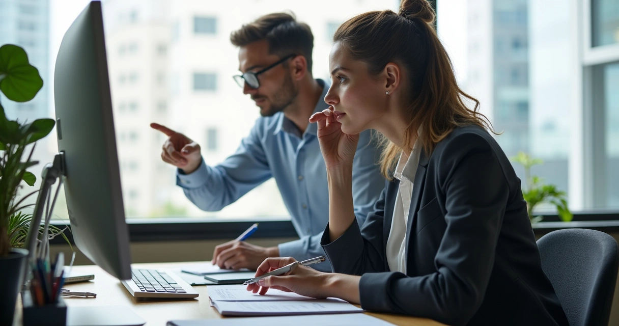 Dos trabajadores en oficina señalando una pantalla y tomando notas