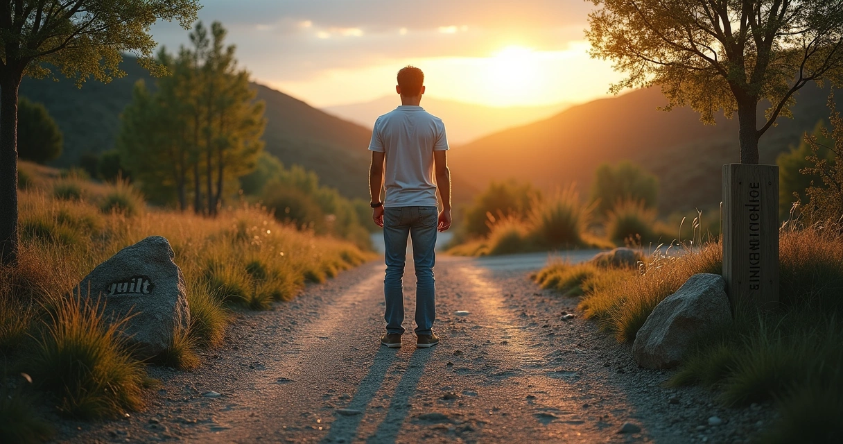 Persona de espaldas en una encrucijada entre culpa y responsabilidad 