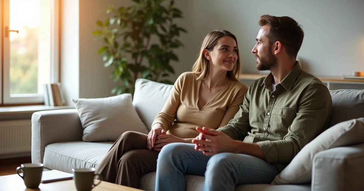 Casal sentado no sofá em conversa profunda demonstrando responsabilidade afetiva 