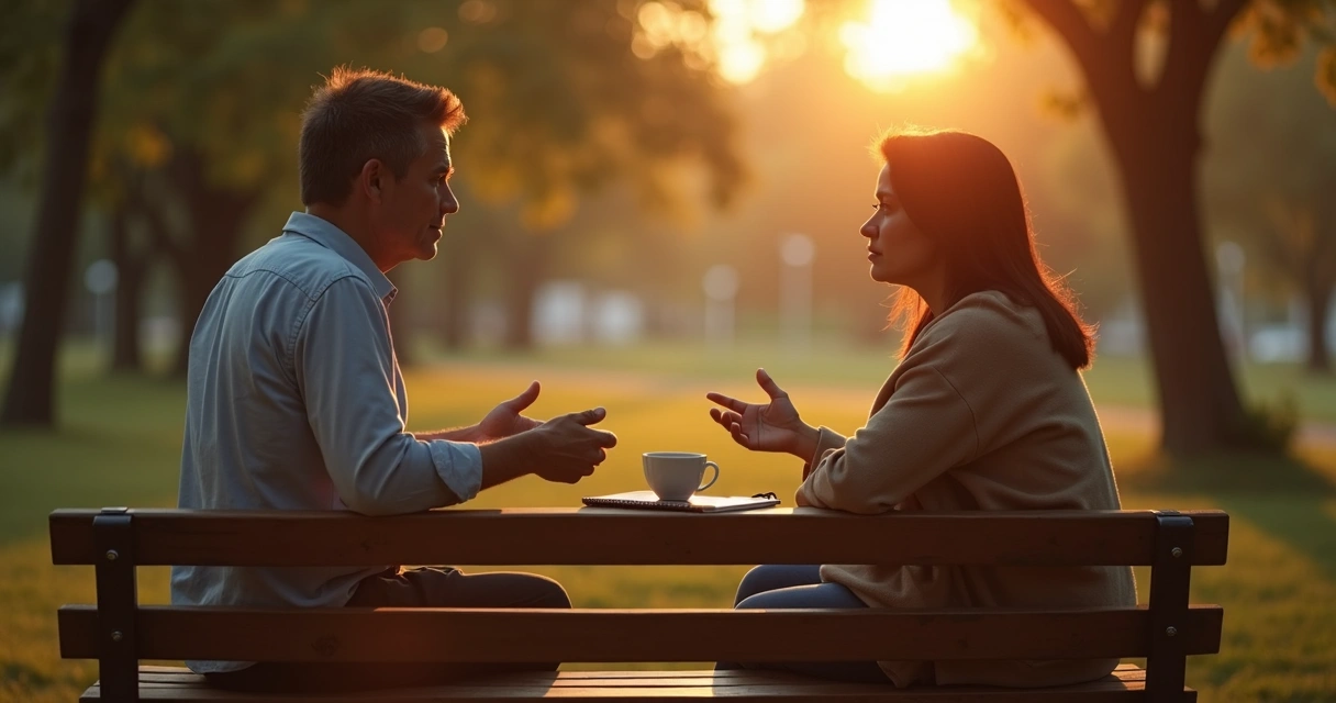 Duas pessoas conversando com cuidado em banco de parque ao pôr do sol 
