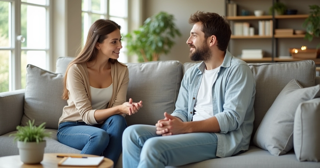 Casal sentado em sofá conversando com atenção e empatia 