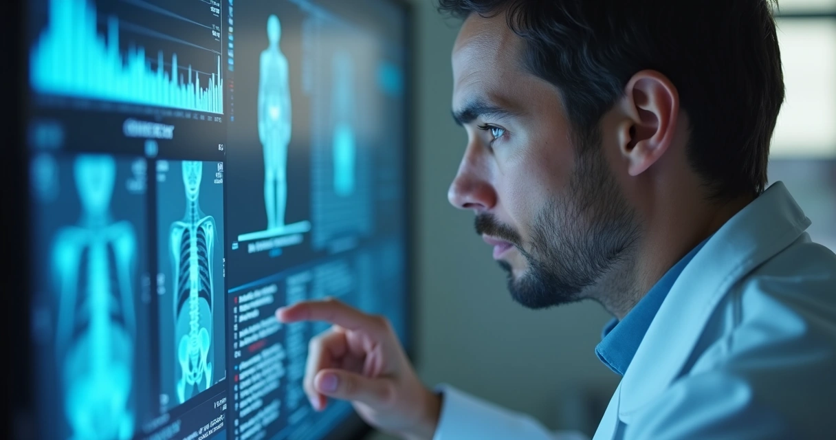 Médico analisa prontuário eletrônico com tela de IA, expressão atenta