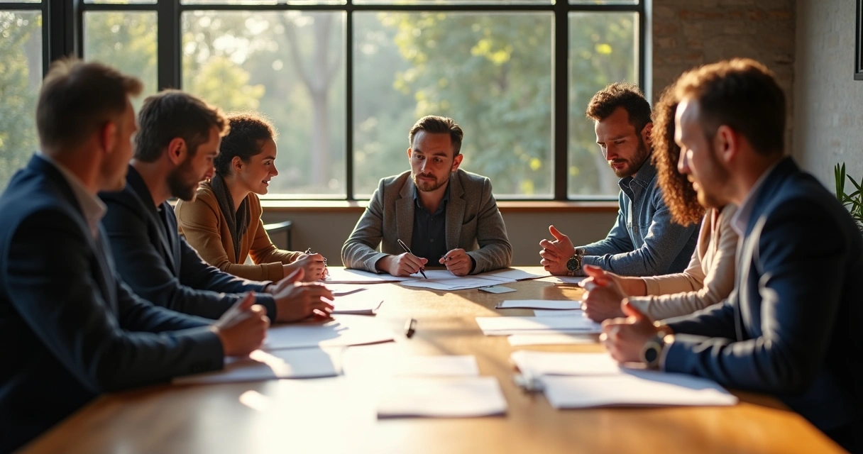 Grupo de pessoas sentadas à mesa, discutindo juntos e tomando decisões consensuais 