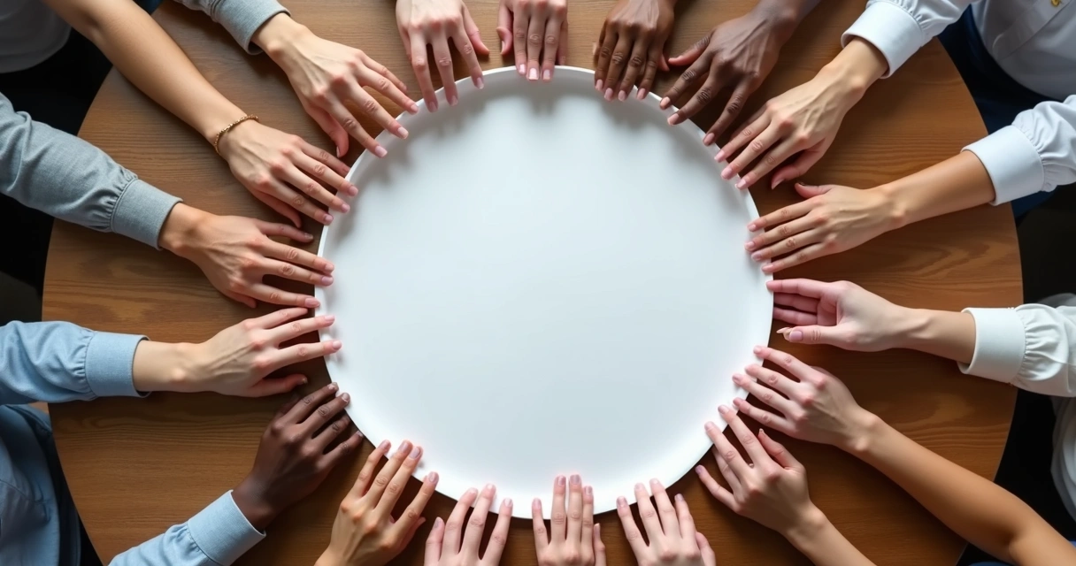 Diversas mãos se unem ao redor de um círculo feito de papel simbolizando união 