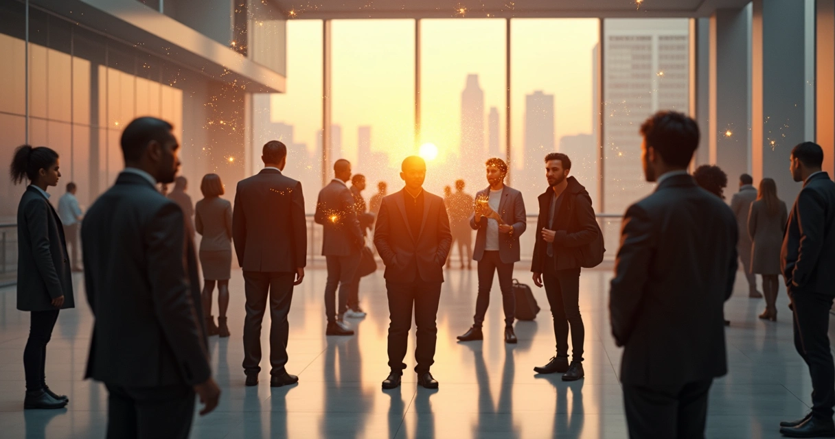 Grupo diverso conectado por linhas de luz representando responsabilidade coletiva e consciência 