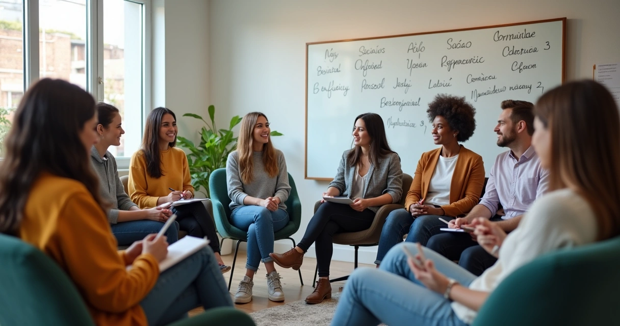 Grupo de pessoas diversas em discussão em roda, compartilhando ideias 