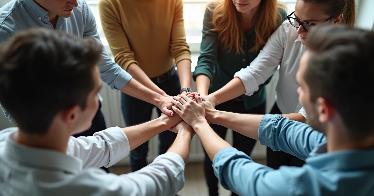 Grupo de pessoas unidas com as mãos, mostrando força e cooperação