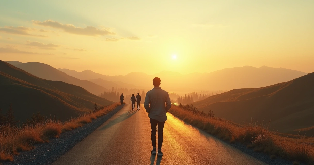 Pessoa em encruzilhada entre caminho coletivo e individual 