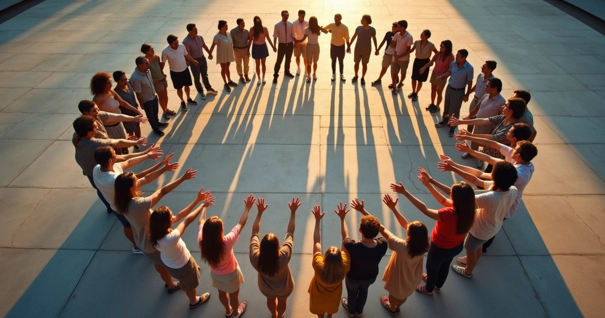 Multidão diversa em círculo unindo as mãos no centro 