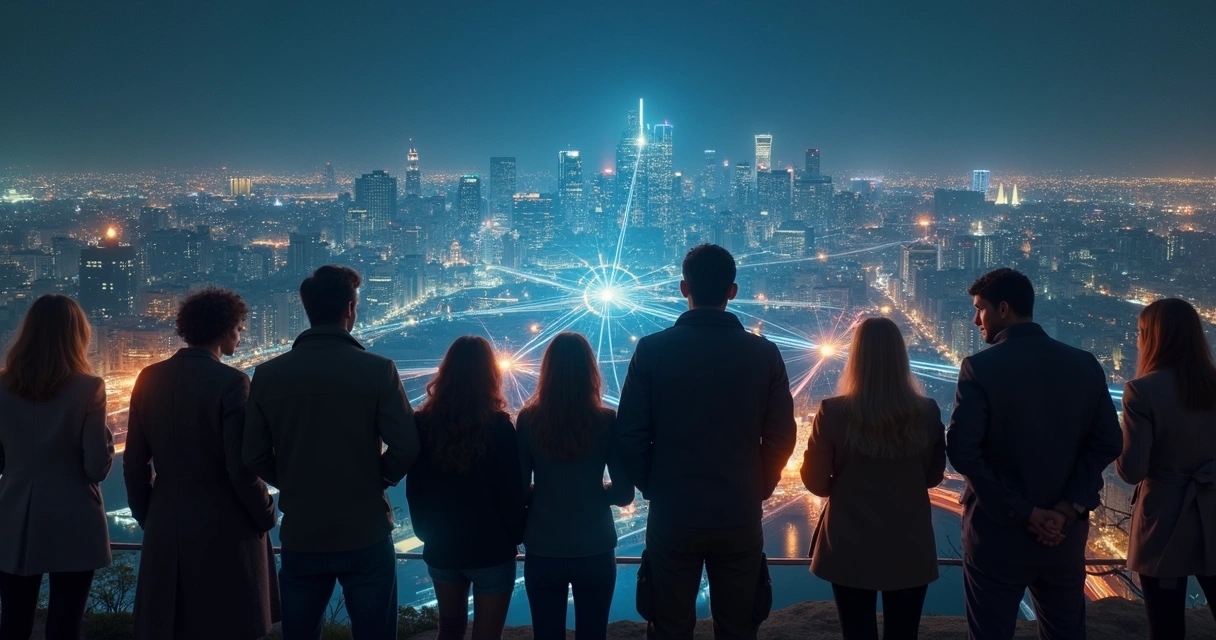 Grupos de pessoas conectadas por linhas luminosas em uma cidade à noite 