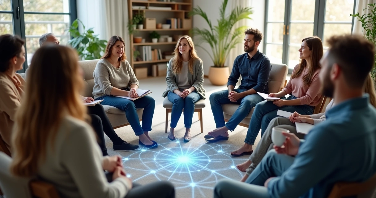 Grupo diverso em círculo conectando mãos em rede luminosa representando cuidado mental coletivo 