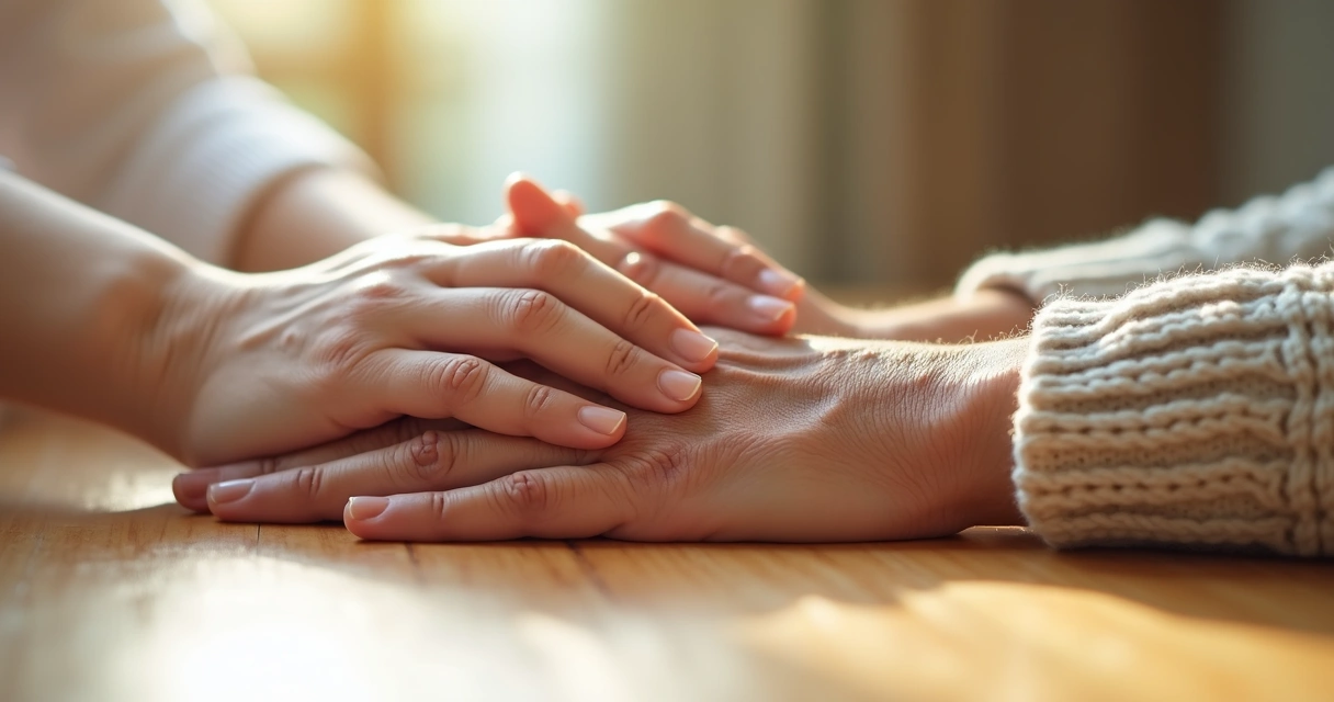 Duas mãos, uma mais jovial e outra mais madura, dadas sobre uma mesa de madeira clara 