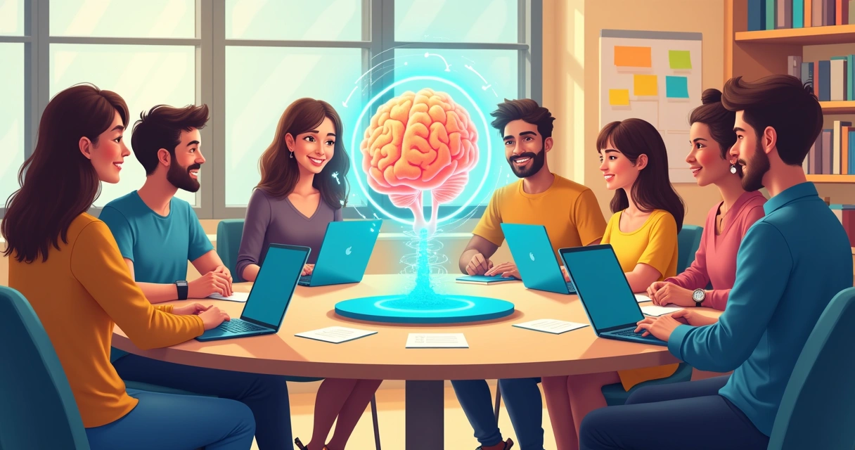 Pessoas de diferentes perfis conectadas discutindo IA 