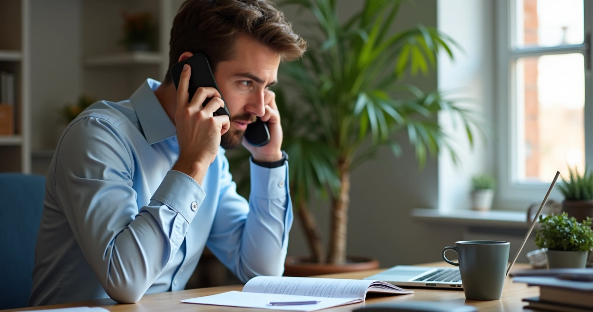 Homem escrevendo em um caderno enquanto fala ao telefone 
