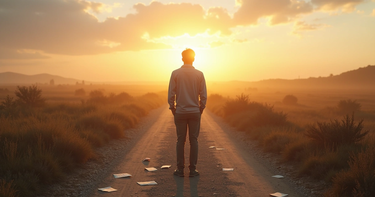 Pessoa em encruzilhada escolhendo caminho com luz e sombra 