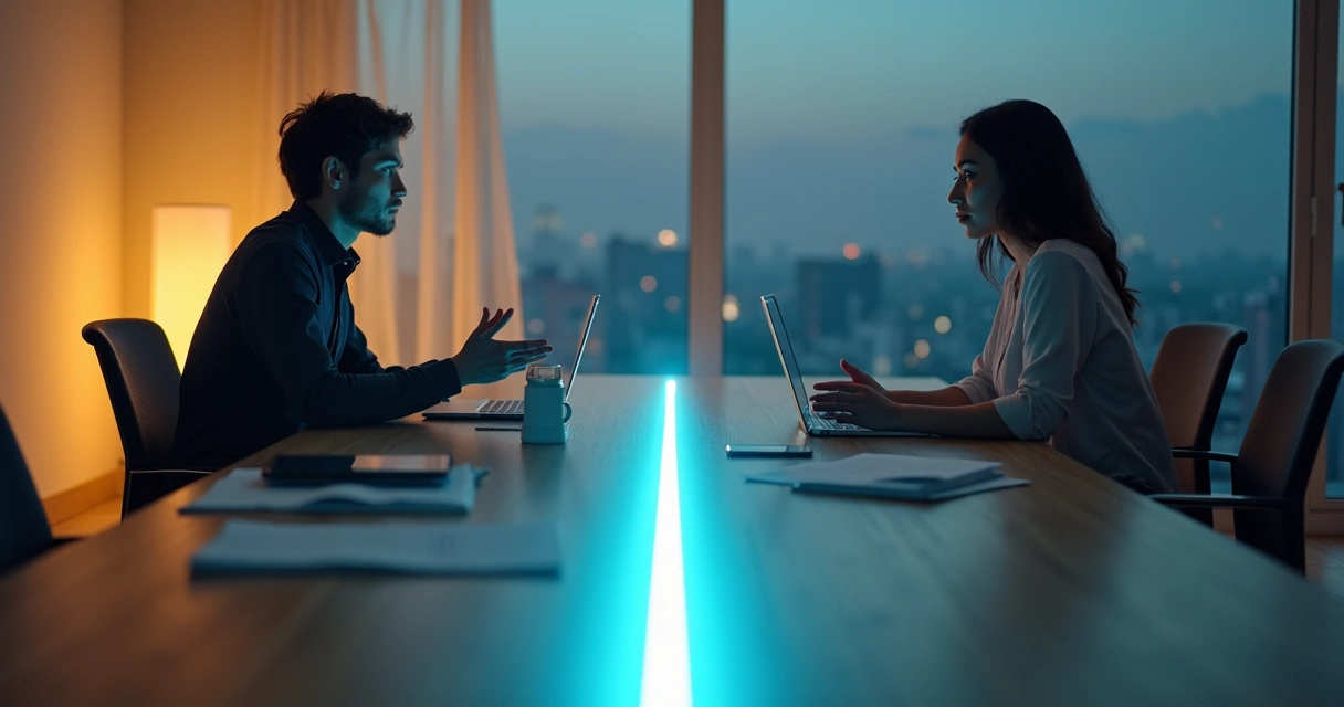 Duas pessoas em lados opostos de uma mesa com linha luminosa dividindo espaço compartilhado 