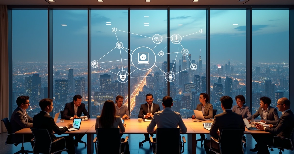 Executivos em reunião observando cidade conectada por rede de luzes 