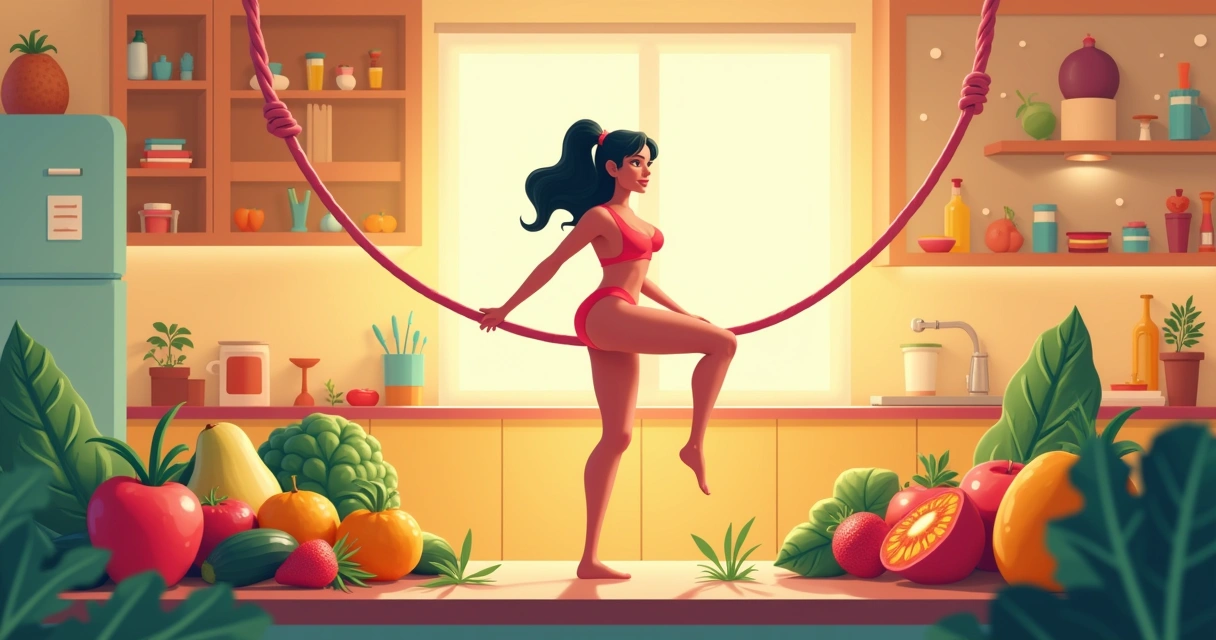 Pessoa determinada em pé na balança, cercada por frutas e vegetais, simbolizando saúde e metas de emagrecimento.
