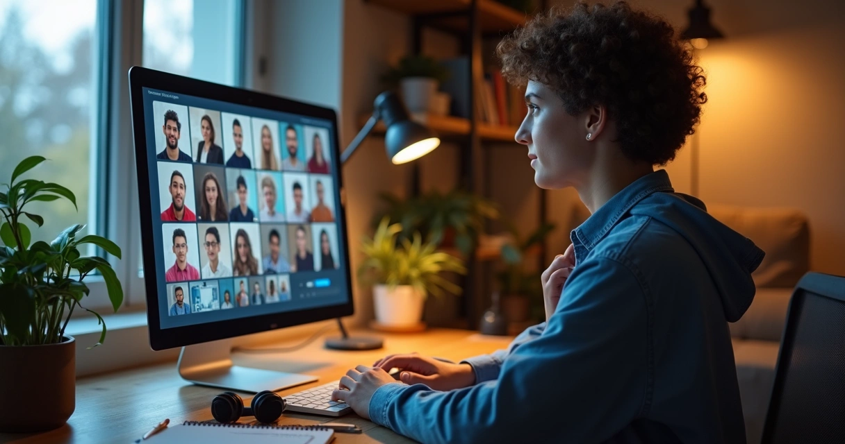 Pessoa em videoconferência refletindo sobre limites emocionais online 