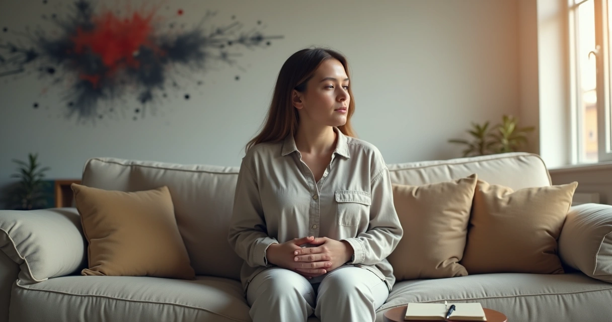 Pessoa sentada em reflexão com luz dividida entre caos e clareza ao redor 