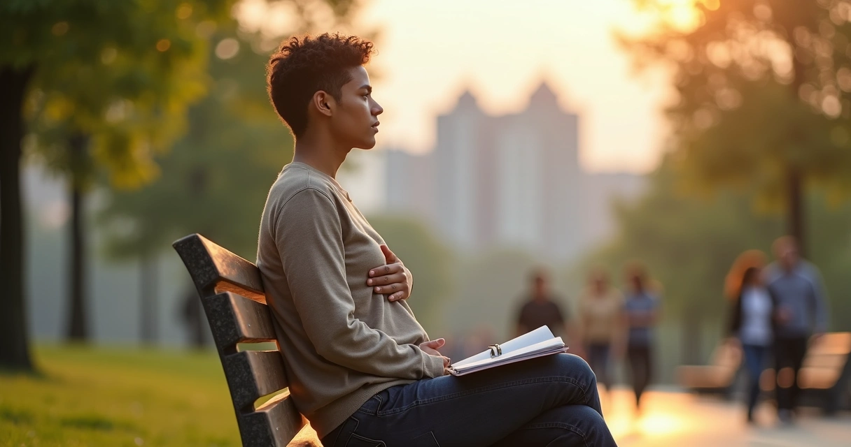 Pessoa em ambiente urbano refletindo sobre suas emoções enquanto observa a cidade 