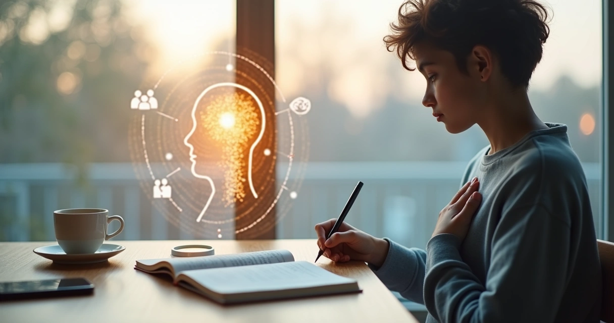 Pessoa refletindo com caderno de anotações e símbolos conectando mente, coração e relações ao redor 