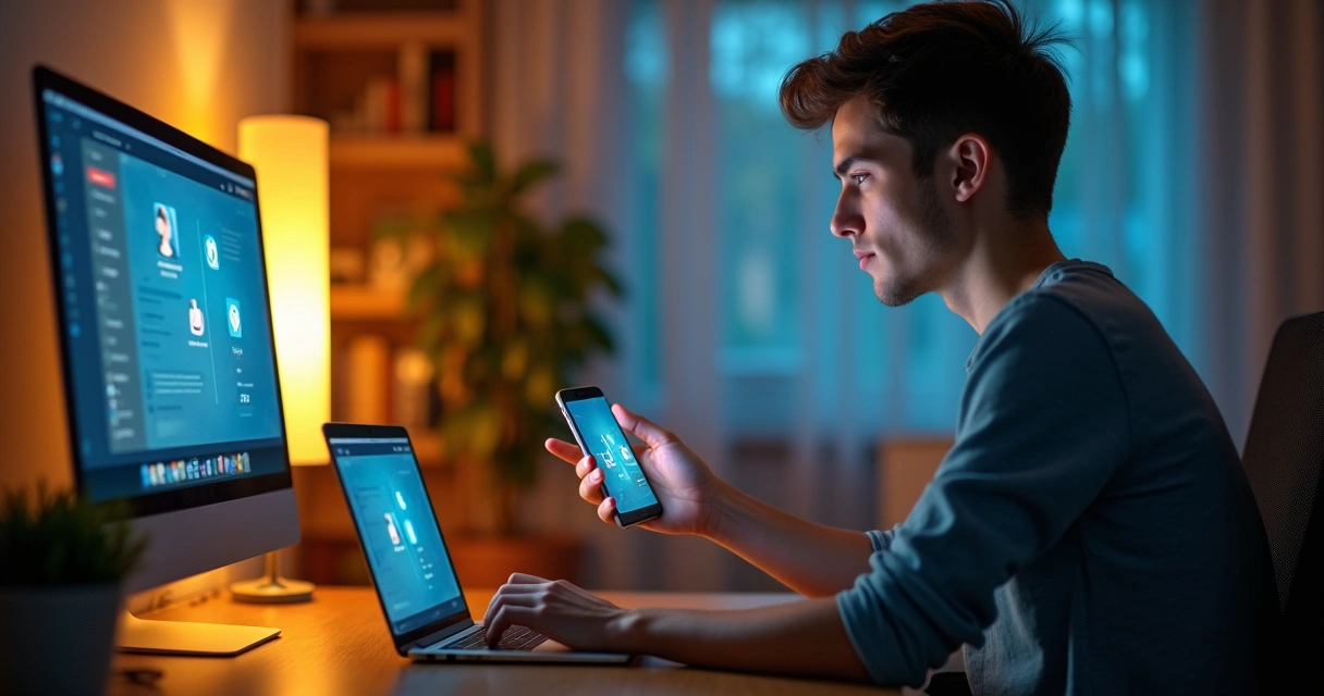 Pessoa segurando smartphone com redes sociais enquanto define limites emocionais na frente do computador 