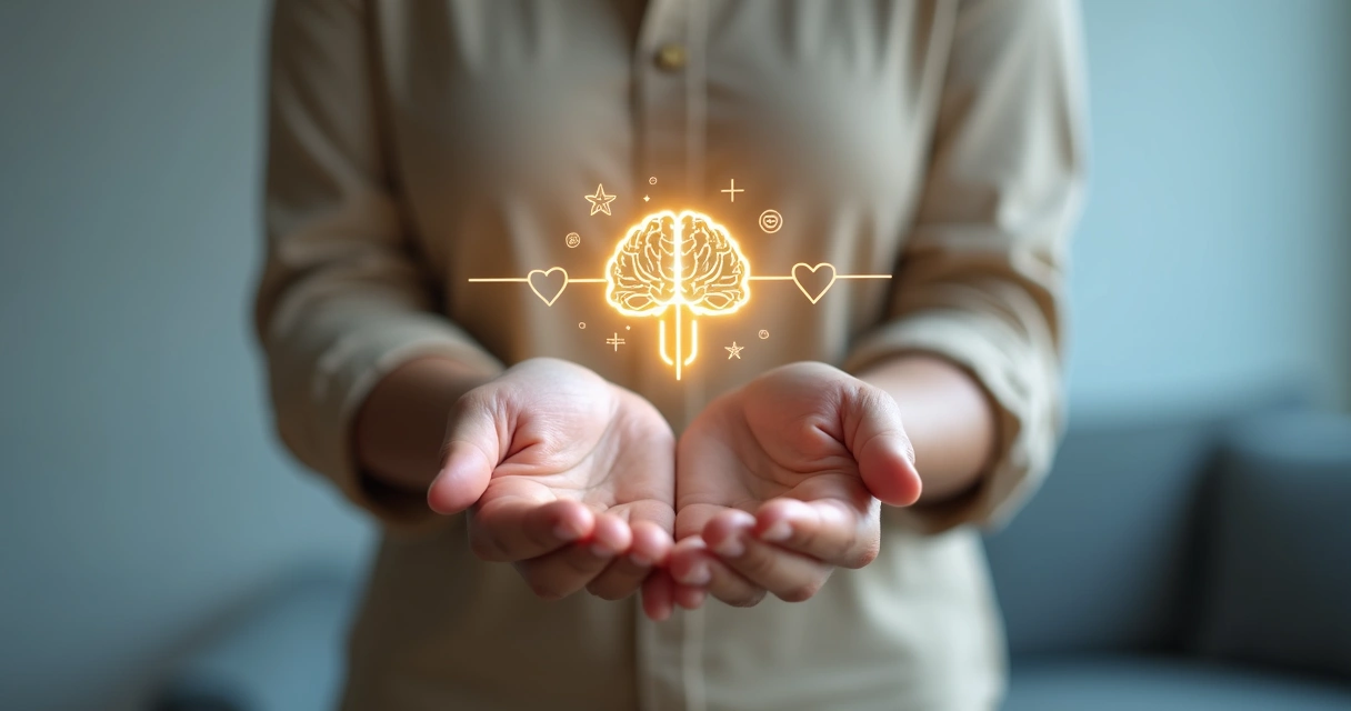 Pessoa adulta segurando desenho de cérebro e coração conectados por linha contínua 