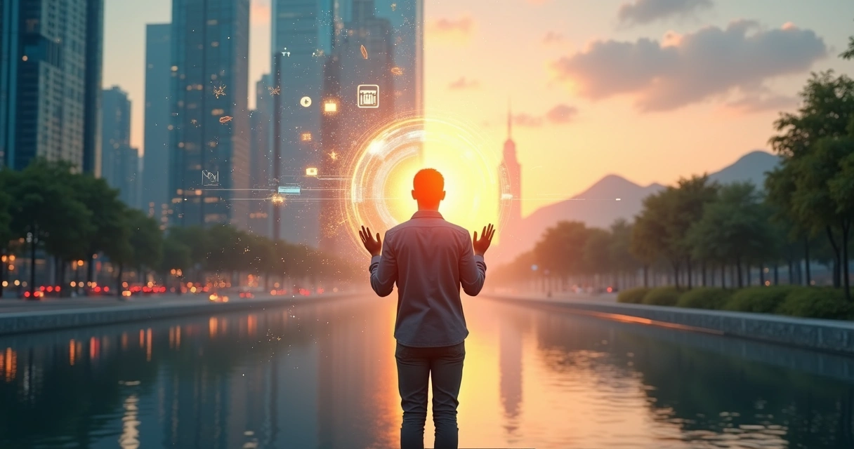 Pessoa em pé entre cidade caótica e natureza calma segurando esfera luminosa sobre o peito 