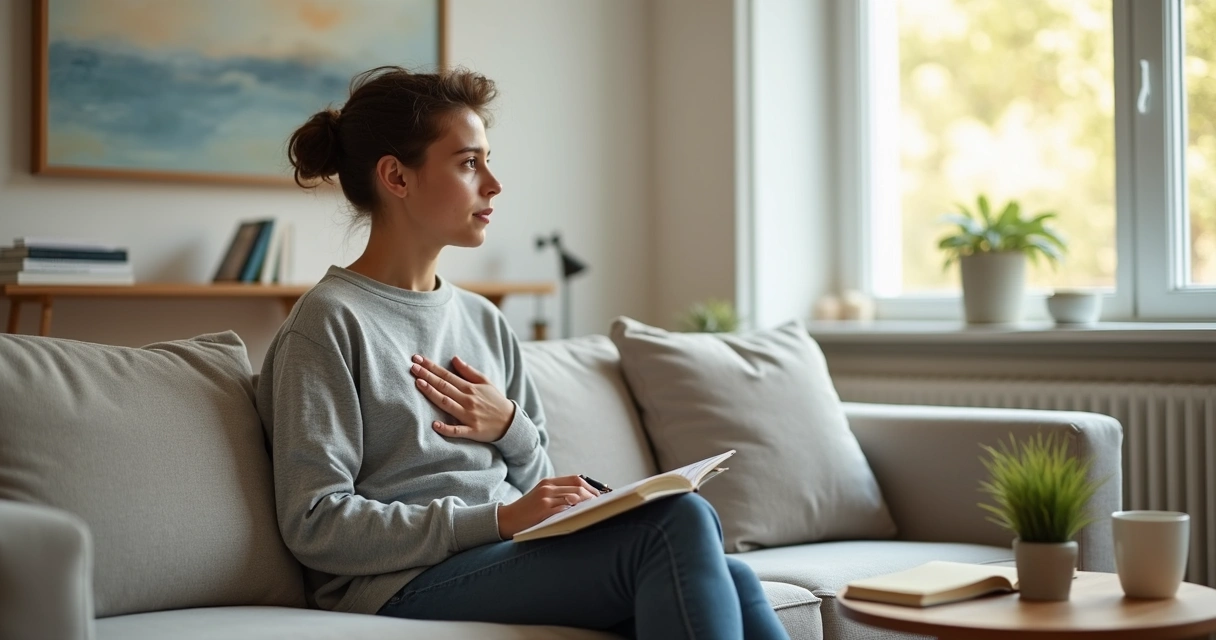 Pessoa sentada em sofá com mão no peito refletindo em ambiente calmo 
