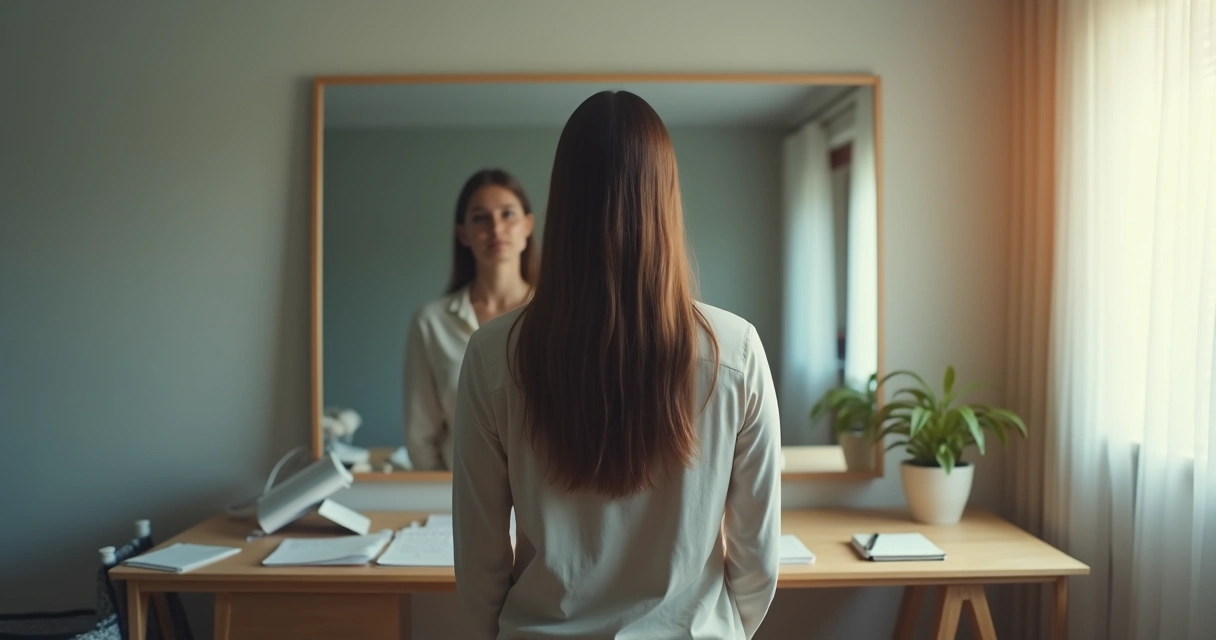 Pessoa refletindo em frente ao espelho com contraste entre calma e caos ao redor 