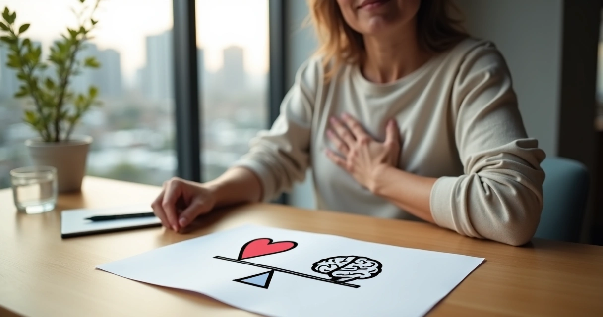 Pessoa adulta em posição de reflexão segurando um desenho de coração e cérebro em equilíbrio 