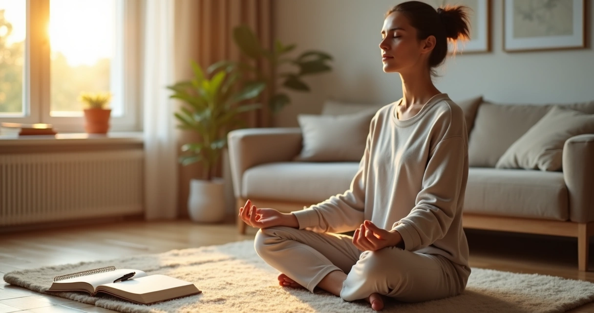 Pessoa sentada em meditação perto da janela com caderno ao lado 