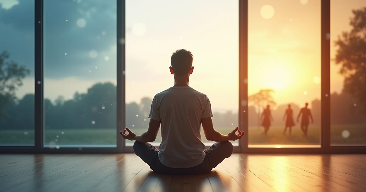 Pessoa em meditação refletindo diante de janelas que mostram diferentes emoções 