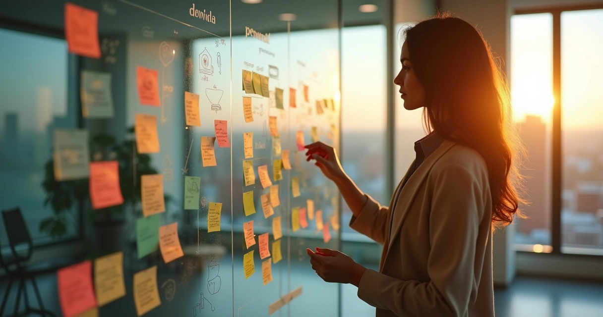 Profissional organizando emoções em mural de cores no ambiente de trabalho 