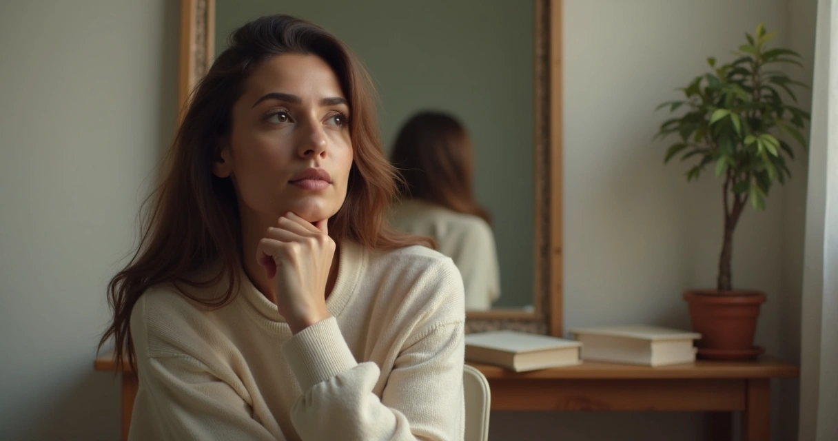 Pessoa refletindo em frente a um espelho 