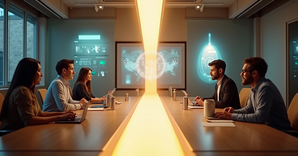 Pessoas em lados opostos de uma mesa unidas por feixe de luz formando ponte digital 