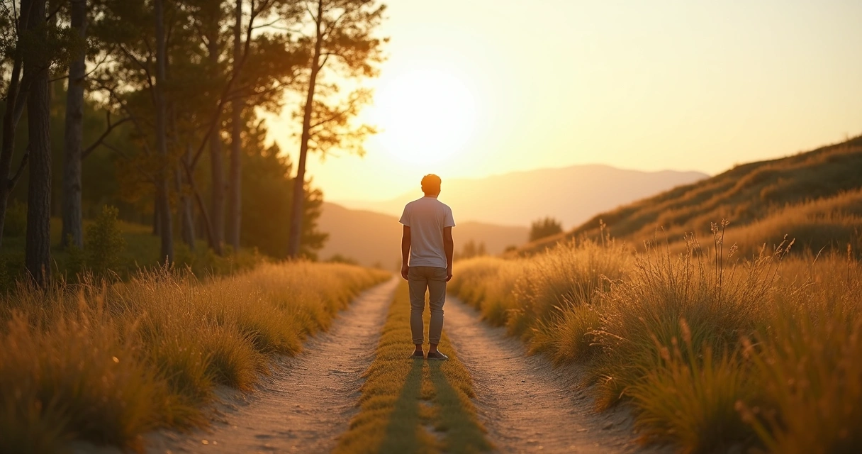 Pessoa em pé diante de um caminho que se divide em duas direções opostas 