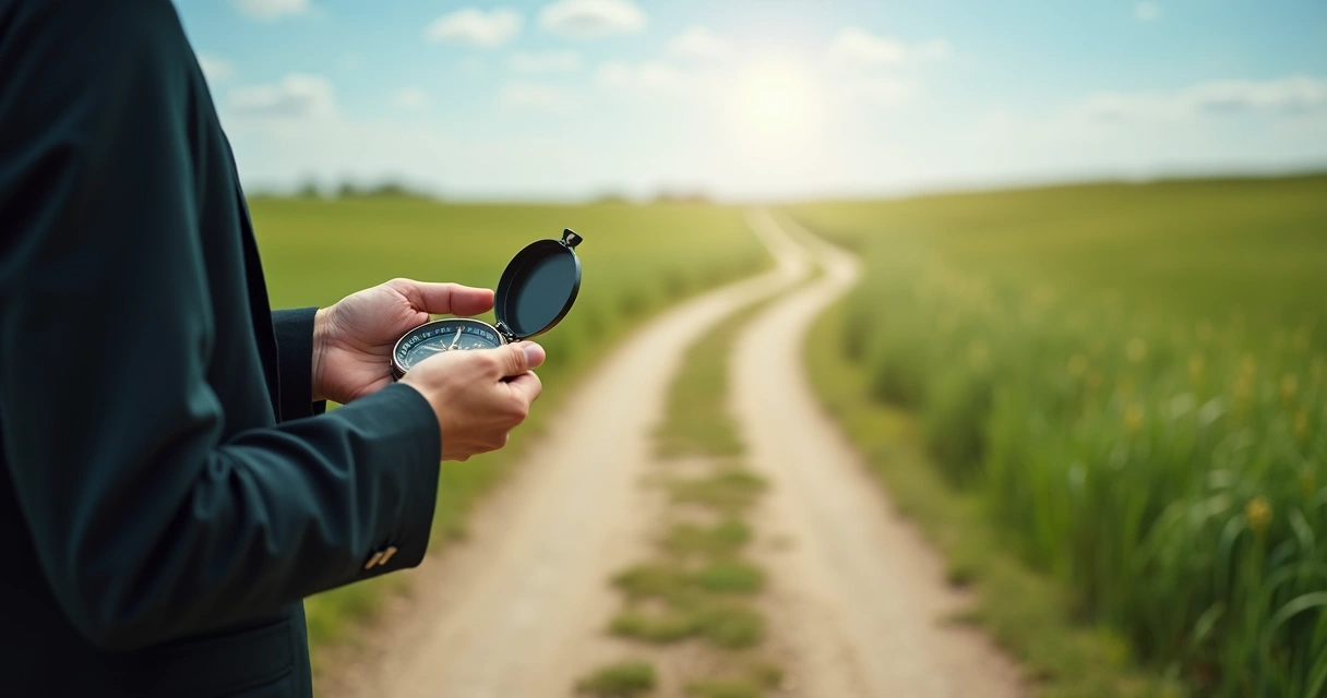 Pessoa segurando uma bússola com caminhos divergentes ao fundo 